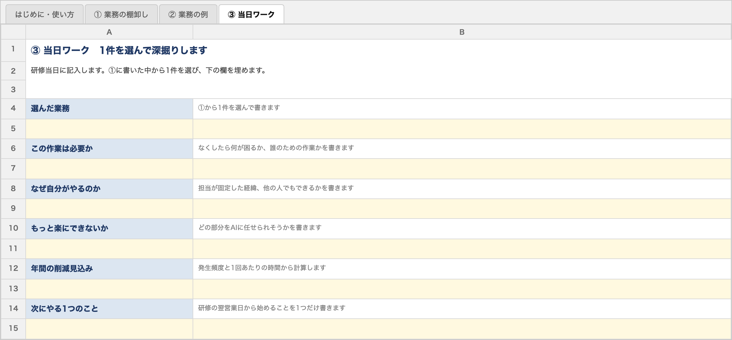 シート「③ 当日ワーク」。選んだ業務、この作業は必要か、なぜ自分がやるのか、もっと楽にできないか、年間の削減見込み、次にやる1つのことの記入欄が並んでいる
